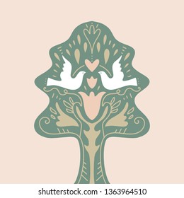 Vector birds art for toddlers, scandinavian folk art, patterned tree silhouette. Clip art