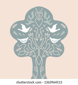 Vector birds art for toddlers, scandinavian folk art, patterned tree silhouette. Clip art