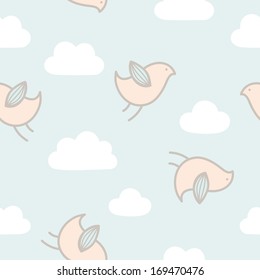 Vector birds and clouds seamless pattern