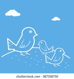 Vector Birds eating corn, outlined style illustration on blue background