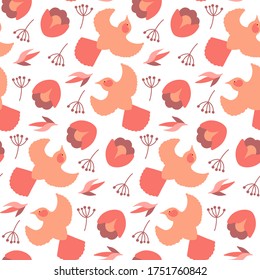 Pájaros vectoriales y estampado floral sin costura sobre fondo blanco con colores pastel agradables perfecto para envolver tela de papel tapizado y más  