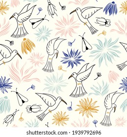 Vector birds with flowers and beetles seamless pattern background. This pattern is for weddings or other sweet celebrations. Perfect for fabric, paper or wallpapers. 
