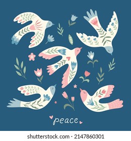 Vector birds, flowers, leaves, berries  in folklore style with lettering- Peace. Doves of peace. Doodle illustrations with stylized decorative floral elements. Good for posters, t shirts, postcards.