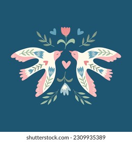 Vector birds, flowers, leaves  in folklore style. Doves of peace. Doodle illustrations with stylized decorative floral elements. Happy Earth Day background. Good for posters, t shirts, postcards.