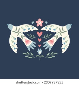 Vector birds, flowers, leaves  in folklore style. Doves of peace. Doodle illustrations with stylized decorative floral elements. Happy Earth Day background. Good for posters, t shirts, postcards.