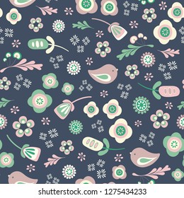 Vector  birds and flowers seamless repeat pattern background. Perfect for fabric, scrapbooking, wallpaper and stationary