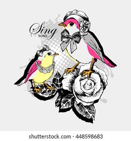 Vector birds in a hats and roses