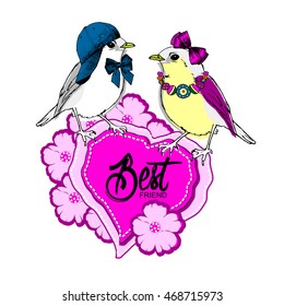 Vector birds with a heart. Hand drawn illustration of dressed birds.