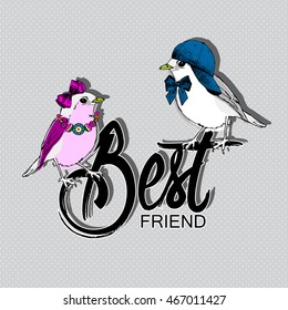 Vector birds in a knitted hat and scarf. Hand drawn illustration of dressed birds 1.