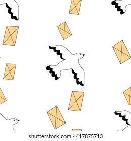 Vector birds and letters seamless pattern. Birds with envelope background