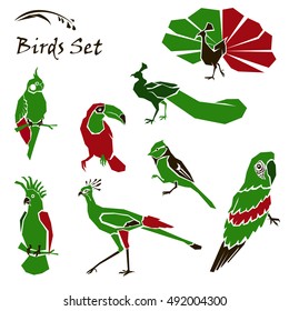 Vector birds logo. Stylized symbols, icons. Different birds species like: cockatoo, secretary bird, red-and-green macaw, titmouse, peacocks, toucan, parrot cockatiel nymph.