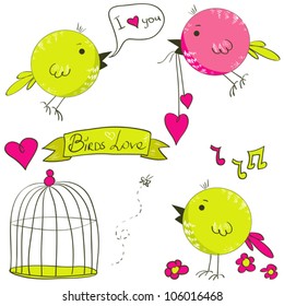 Vector birds in love set with hand drawn birds, cage, hearts