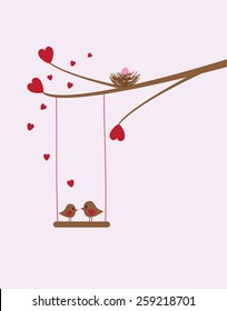vector birds with a nest and a bird house in the tree