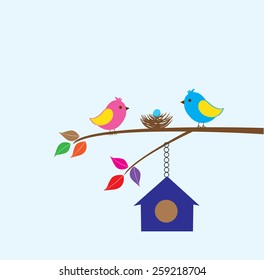 vector birds with a nest and a bird house in the tree