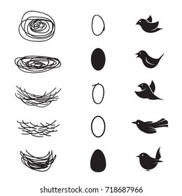 Vector of bird's nest and eggs and birds on white background.