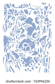 vector birds in the nest are hatching eggs. surrounded by jungle, floral ornament. wild nature. animal ornament, flowers