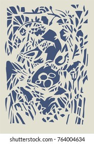 vector birds in the nest are hatching eggs. surrounded by jungle, floral ornament. wild nature. animal ornament, flowers