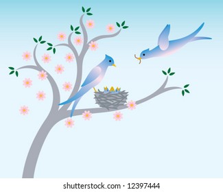 Vector Birds with nest in Spring