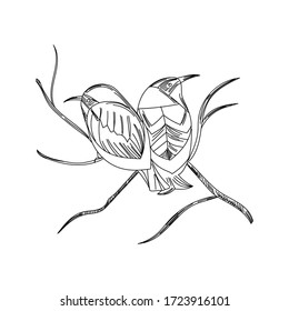 Vector birds on branch hand draw. Doodle hand drawn sign. Illustration for print, web