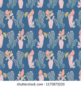 Vector birds on cactus blue seamless pattern background. Perfect for fabric, scrapbooking, wallpaper projects.