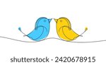 Vector birds, a pattern in blue and yellow colors, the color of the flag of Ukraine. Symbol of peace. One solid line drawing of a large tit