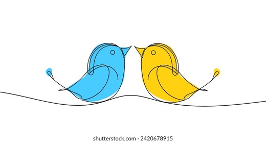 Vector birds, a pattern in blue and yellow colors, the color of the flag of Ukraine. Symbol of peace. One solid line drawing of a large tit
