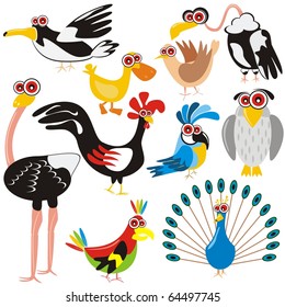 VECTOR - Birds Set - (Peacock, Rooster, Crow, Duck, Ostrich, Parrot, Dove, Eagle, Owl, Gull) - Cartoon Character - These different animals are drawn in cute design - Multi-use illustration