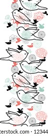 Vector birds silhouettes vertical seamless pattern background ornament with hand drawn elements.