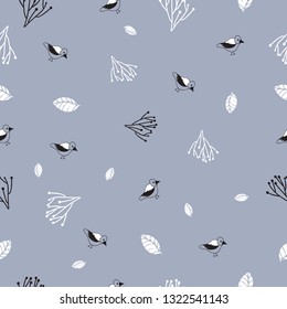 Vector birds and sprigs  repeat pattern with greyish background.Perfect for nature inspired room products or Textile  Manufactures.Available as a collection with different colourways  