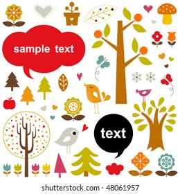 vector birds and trees set