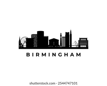 Horizonte del Vector Birmingham. Viajar Birmingham Reino Unido Lugares famosos famosos. Concepto de negocios y turismo para presentación, Anuncio, Sitio web.