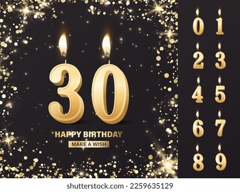 Vector Birthday Anniversary Greeting Card, Banner with 3d Realistic Burning Golden Birthday Party Candles, Numbers, Flame. Candle Icon Set. Design Template, Clipart. Birthday Concept. Front View