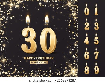 Vector Birthday Anniversary Greeting Card, Banner with 3d Realistic Burning Golden Birthday Party Candles, Numbers, Flame. Candle Icon Set. Design Template, Clipart. Birthday Concept. Front View