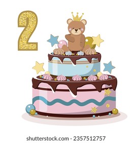 Vector birthday baby cake. Sweet cake with marshmallow. Bear and stars. Two  year.