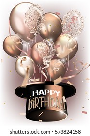 Vector birthday background with abstract air balloons and serpentine and classical hat. vector illustration