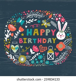 Vector birthday background with cute elements: bunny, lantern, branches, flowers, berries, butterflies, glass jar and text "Happy birthday".Bright greeting card.Childish background with wooden texture 