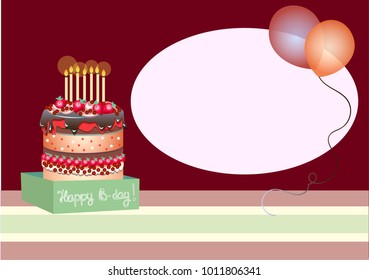 Vector birthday background. Greeting pattern. Chocolate cake candles balloons