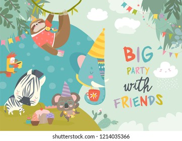 Vector birthday background with happy cartoon animals