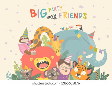 Vector birthday background with happy cartoon animals