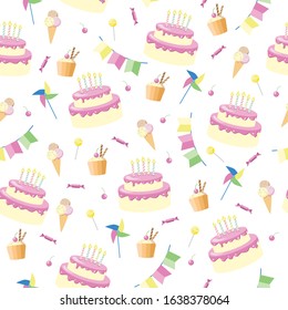 Vector Birthday background. Seamless pattern with cakes, ice cream, cupcakes, sweets and flags on white background