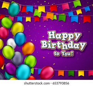 Vector birthday banner with confetti and multicolored balloons. Celebration background with Happy Birthday title. Greeting card with colorful garlands of flags, festive bunting and air balloons.