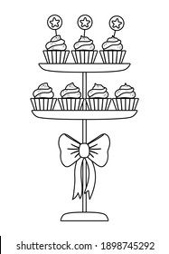 Postres negros y blancos de cumpleaños vectoriales en un estrado con arco. La curiosa celebración del contorno ocupa la ilustración de las tarjetas, el afiche y el diseño de la impresión. Icono luminante de línea de vacaciones para niños con muffins