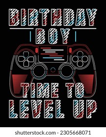  
vector, Birthday boy time to level up, t-shirt, Template design, and apparel trendy design with palm tree silhouettes, typography, print, and joystick gamepad illustration.
