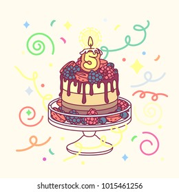 vector birthday cake with 5 candles and cakestand. Colorful confetty decoration design. Festive cartoon invitation. Celebrate concept. Sweet Happy birthday party card isolated on light background
