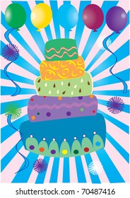 vector birthday cake with balloons and light burst background
