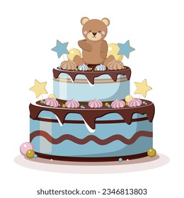 Pastel de cumpleaños vectorial con oso. Los niños grandes se retorcen con fondo blanco.