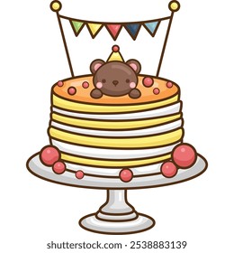 a vector of a birthday cake with a bear decoration