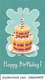 Vector Birthday cake with burning candle