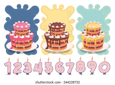 Vector Birthday cake with burning number candles