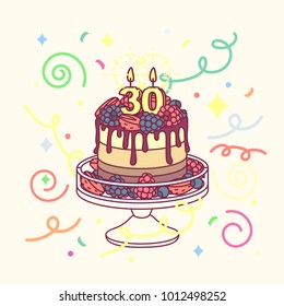 vector birthday cake with candle 30 and cakestand. Colorful confetty decoration design. Festive cartoon invitation. Celebrate concept. Sweet Happy birthday party card isolated on light background. 